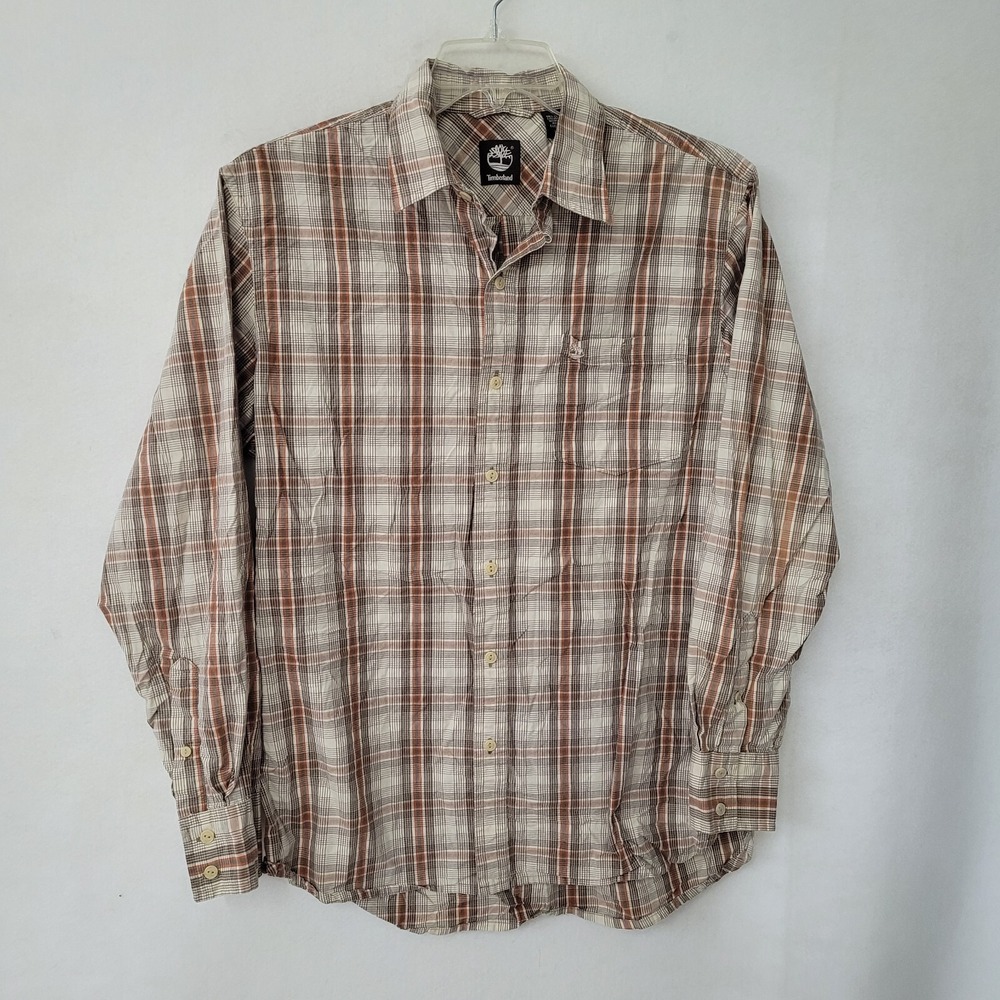 Timberland Button Down Shirt Mens Medium Brown Plaid Long Sleeve Cotton 58NA515